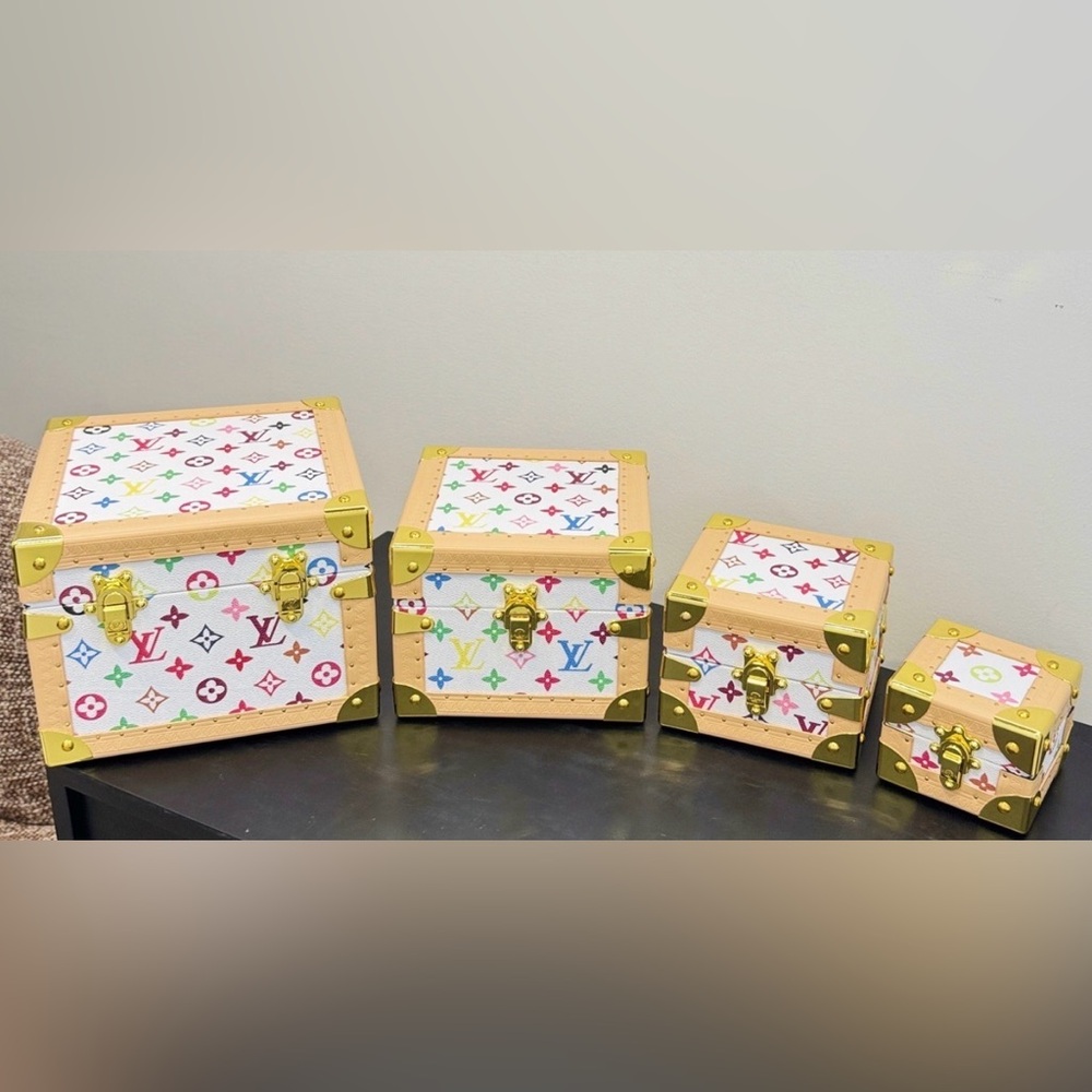 4pc Louis Vuitton LV White Multicolor Monogram trunk pyramid set
